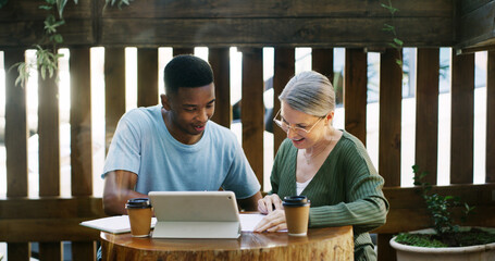 Tablet, discussion and business people in cafe with teamwork for creative project with plan. Collaboration, cappuccino and magazine editor with manager for article publishing with digital technology.