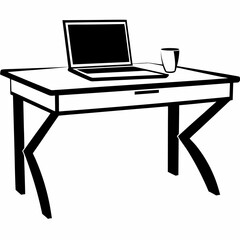 Black and white illustration of a desk with a laptop and a mug on it