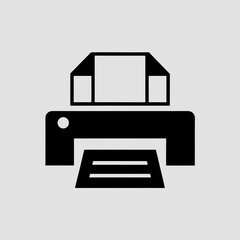Black printer icon, with paper and simple design