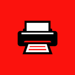 Black printer with white paper against red backdrop