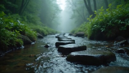 Stone path across a stream in a green forest. Fog adds mystery to the scene. Tranquil nature photo evokes peaceful atmosphere. Journey, hike adventure.