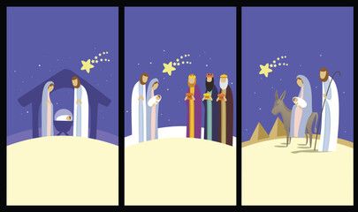 Vertical Christmas Illustrations Set. Modern minimalist Nativity illustrations set in vertical mobile format. Holy family, wise men, and journey to Egypt &mdash; simple geometric Christmas design collection