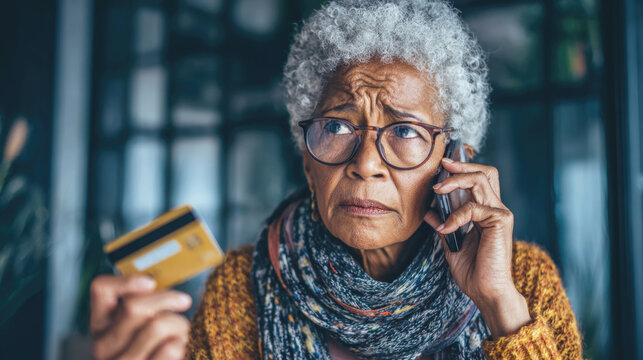 Worried senior African American woman holding credit card and phone, expressing concern during a call, possibly related to fraud, scam, or banking issues in a home setting.