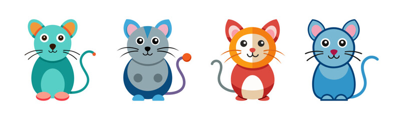 Obraz premium Four adorable cartoon cat toys shaped like mice in various colors