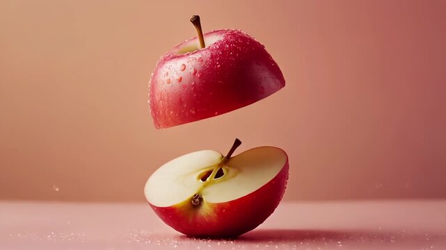 Macro video of red apple sliced half levitating in slow motion, with tiny droplets sparkling around them, placed on pastel peach background