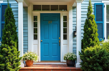 Bright blue front door with house number 27. Home features light blue siding, white columns, trim around entrance. Two tall green evergreen shrubs flank door. Potted white flowering plants decorate