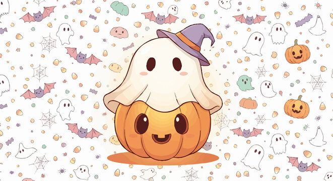 Cute Halloween pumpkin with ghost costume, autumn holiday banner, trick or treat illustration