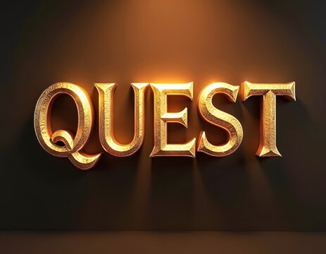 Gold 3D quest word on black background. Shiny lettering for games or fantasy projects. Design for adventure. Vintage style, ornate title illustration. Epic tale, magic story.