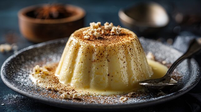 An eggnog pudding dome with nutmeg dust