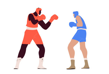 Boxers training and fighting. Flat vector illustration isolated on white background.