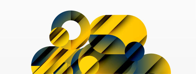 Abstract composition featuring overlapping circles, gradients. Yellows, blues create dynamic visual effect. Modern design, clean aesthetic.