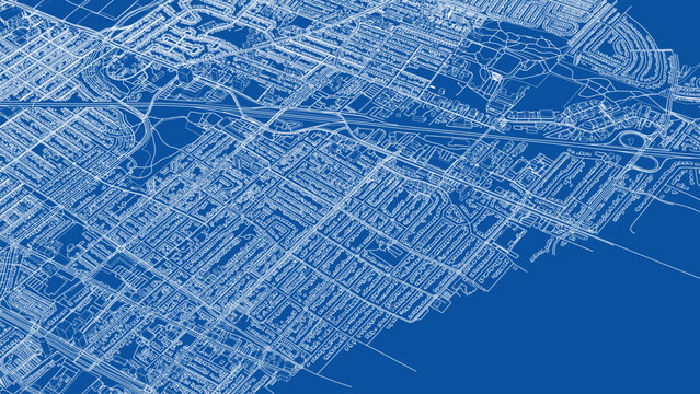 Detailed Urban Blueprint on Blue Background