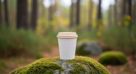 A disposable coffee cup sits on a mosscovered rock in a forest, symbolizing nature and sustainability