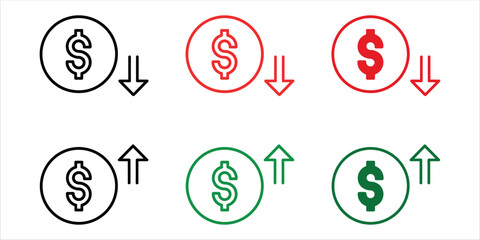 Dynamic Dollar Price Up and Down Icon Vector. Essential flat sign for visualizing Money Cost Growth, Decline, and Cost Reduction in business.