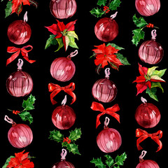 Winter Christmas seamless pattern with tree toys, glass balls, Holly plant and poinsettia in a row. Watercolor drawn red bows, shiny balls. Holiday wrapping paper. Decor for textile, covers, fabric.