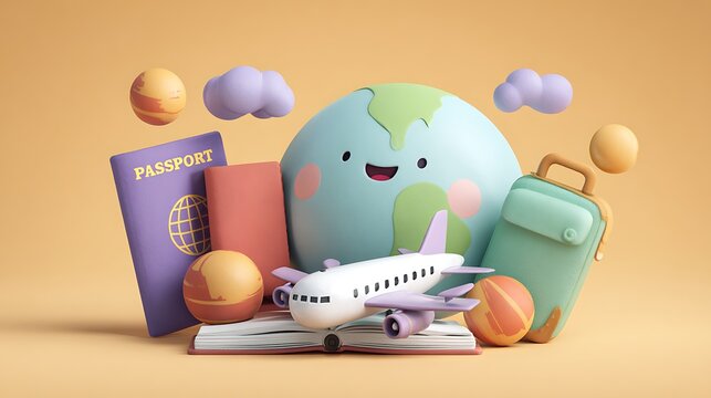 Playful cartoon-style travel concept with cute airplane, funny passport, smiling globe, and colorful background, bright and happy colors made with Ai 1