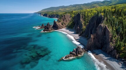 Aerial View Of Rocky Cliffs With Lush Green Foliage Meeting The Turquoise Ocean Waters Under A Clear Blue Sky On A Sunny Day