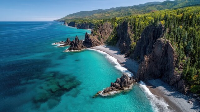 Aerial View Of Rocky Cliffs With Lush Green Foliage Meeting The Turquoise Ocean Waters Under A Clear Blue Sky On A Sunny Day
