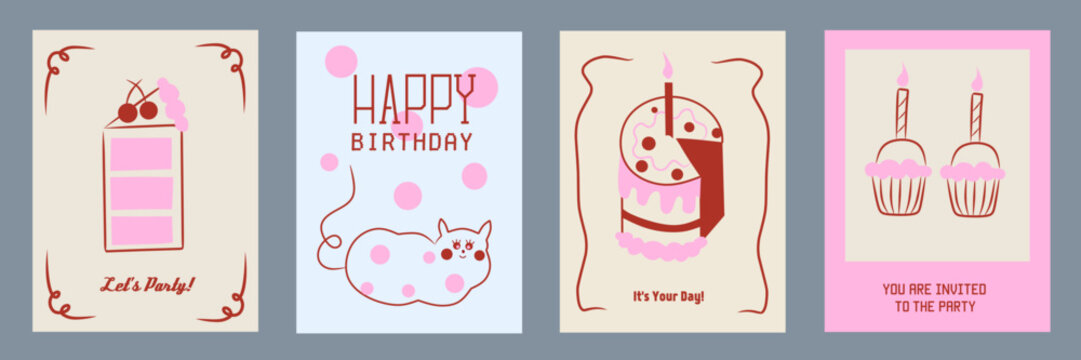 Set of vintage happy birthday greeting cards. Valentine's Day. Hand drawn whimsical frames with cat, cupcake, candle and birthday cake. Template for poster, banner, wedding invitation, birthday card. - Powered by Adobe