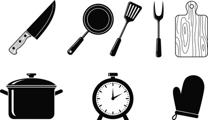 Kitchen tools icons, chef knife, frying pan, spatula, meat fork, cutting board, cooking pot, oven mitt, timer, black vector