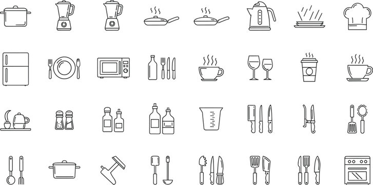 Kitchen icon set, cookware silhouettes, utensils, appliances, chef tools, black vector symbols, culinary items, food prep, cooking gear, restaurant essentials