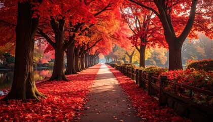 Autumnal pathway lined with vibrant red trees