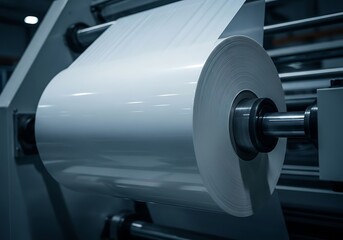 Large Roll of White Plastic Film on a Winding Machine in a Factory