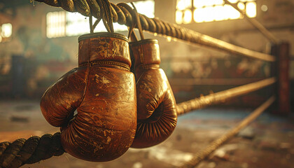 Old leather boxing gloves hanging on the corner rope of an aged boxing ring, background