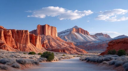 Arid Desert Landscape With Towering Orange Sandstone Rock Formations Under A Clear Blue Sky With Wispy Clouds In Morning Light