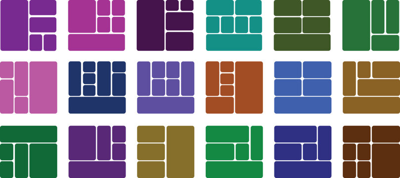 Colorful geometric bento grid layouts with rounded corners A collection of trendy geometric layout templates featuring rounded corners and vibrant colors, perfect for photo collages and design project