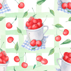 Watercolor seamless pattern with red cherries, green leaves and cups with berries on light green checkered background. Summer fruit repeatable design for fabric prints, wrapping paper or kitchen decor