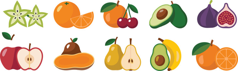 Fresh tropical fruits, sliced and whole, colorful healthy food collection, exotic produce, organic nutrition, vector illustration for diet, kitchen, and education