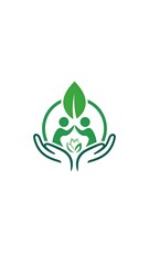 Obraz premium Green and white logo depicting two figures, leaf, hands and a circle