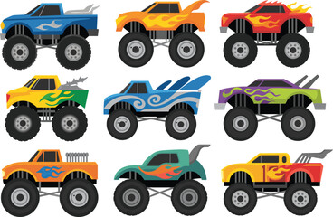Cartoon monster trucks vector set, colorful off-road vehicles, flame decals, oversized tires, kids transportation clipart, racing car illustrations, fun automotive design
