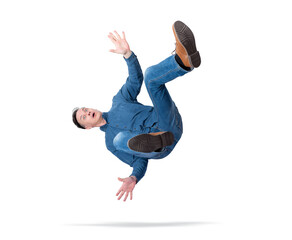Shocked man in jeans and shirt falling in mid air with arms wide open, transparent background PNG, concept of failure, danger, accident, or unexpected situation.
