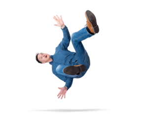 Shocked man in jeans and shirt falling in mid air with arms wide open, transparent background PNG, concept of failure, danger, accident, or unexpected situation.