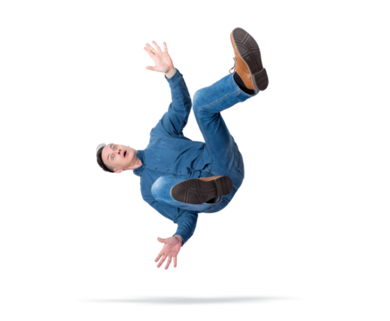 Shocked man in jeans and shirt falling in mid air with arms wide open, transparent background PNG, concept of failure, danger, accident, or unexpected situation.