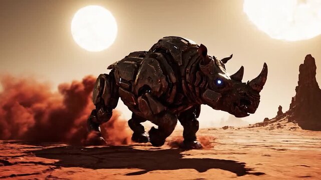 A futuristic robotic rhino charges across a desolate alien landscape under two bright suns, kicking up red dust.
