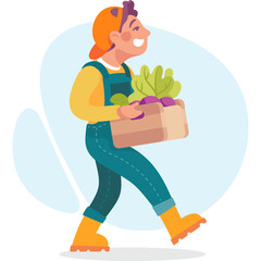 Farmer Woman Smiling Carrying Wooden Crate Full of Fresh Vegetables and Produce Walking Forward