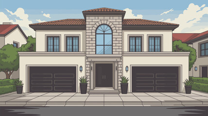 Illustration of a two story house with a double garage and a stone arch above the front door
