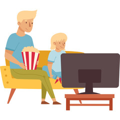 Father And Child Watching Television Together Eating Popcorn On Yellow Sofa In A Living Room With A White Background