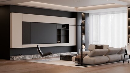 Modern Minimalist Living Room Interior with Beige Sofa and Marble Wall - 3d Render
