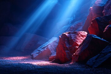 Underground Cave with Large Red and Blue Rocks Bathed in Blue Light Rays