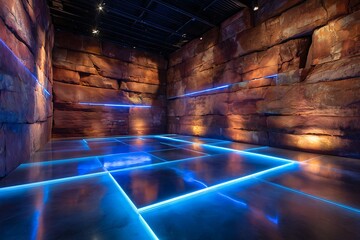 Futuristic Neon Light Room with Blue Illuminated Floor and Rock Walls