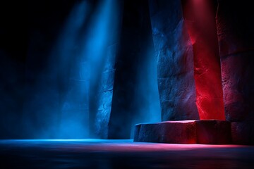 Abstract Cave Interior with Blue and Red Lighting Surreal Artistic Atmosphere