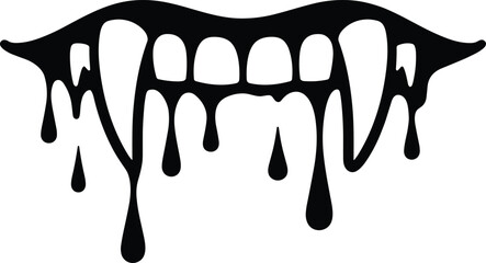 Dripping vampire fangs horror mouth silhouette vector illustration for Halloween design, gothic art, spooky decoration and scary graphics