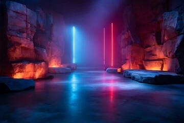 Futuristic Cave Interior with Neon Blue and Red Vertical Light Beams and Rocky Walls