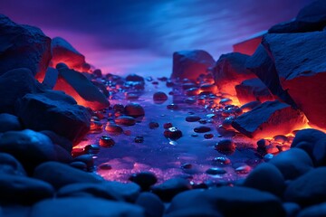 Colorful Illuminated Rocks and Water Stream at Night with Vibrant Blue Purple and Red Lighting