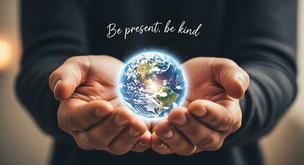 Hands cradling glowing Earth with Be present. be kind. message.
