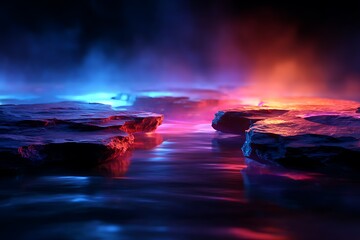 Colorful Neon-lit Ice Cliffs Over Calm Water at Night